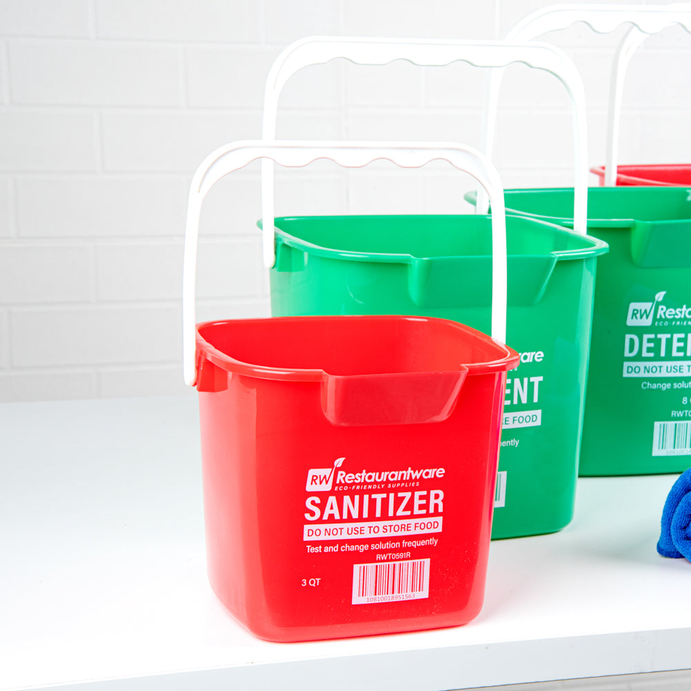 RW Clean 3 Qt Square Red Plastic Sanitizing Bucket - with Plastic Handle - 7" x 6 3/4" x 6" - 10 count box