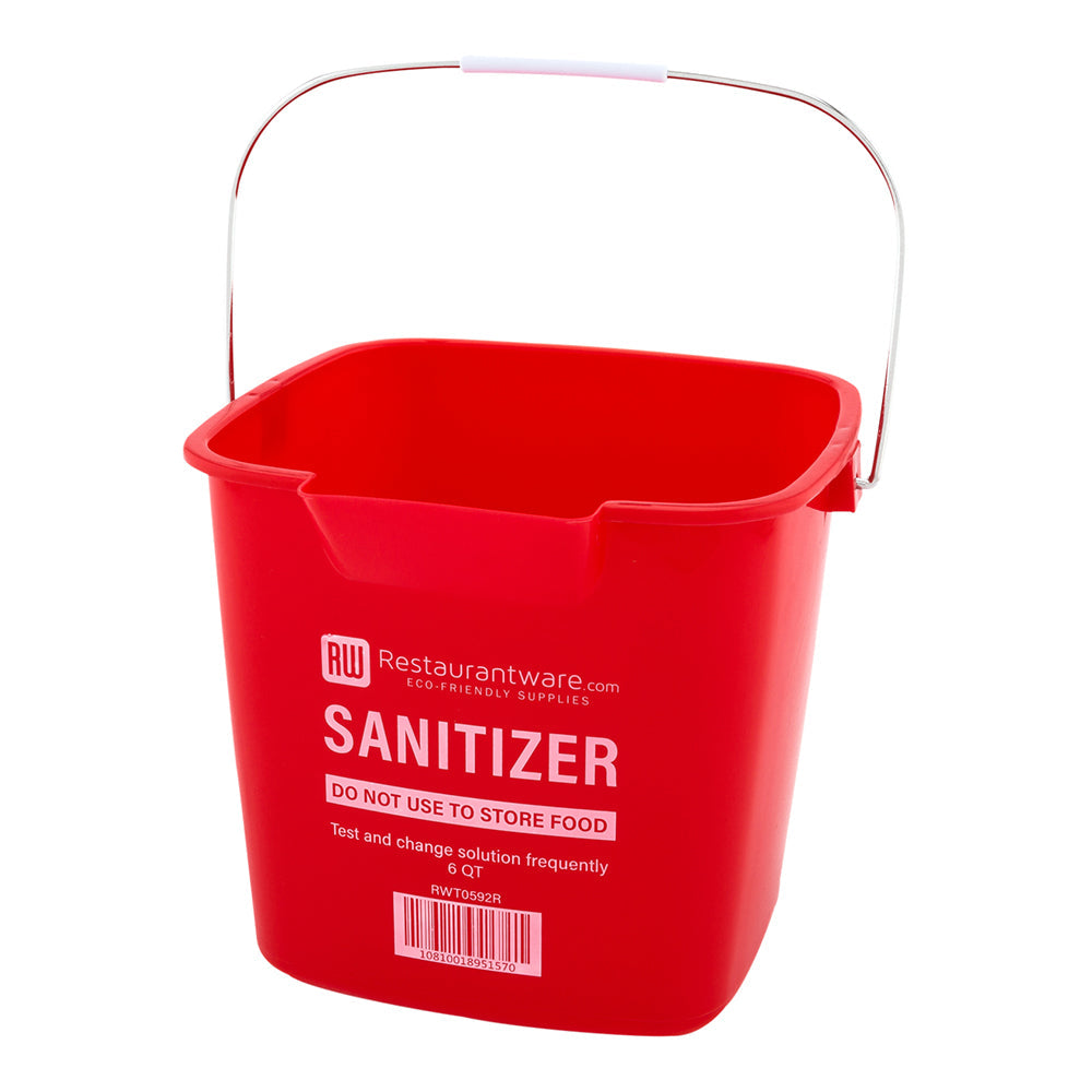 RW Clean 6 Qt Square Red Plastic Sanitizing Bucket - with Stainless Steel Handle - 8 1/2" x 8 1/2" x 7 1/4" - 1 count box