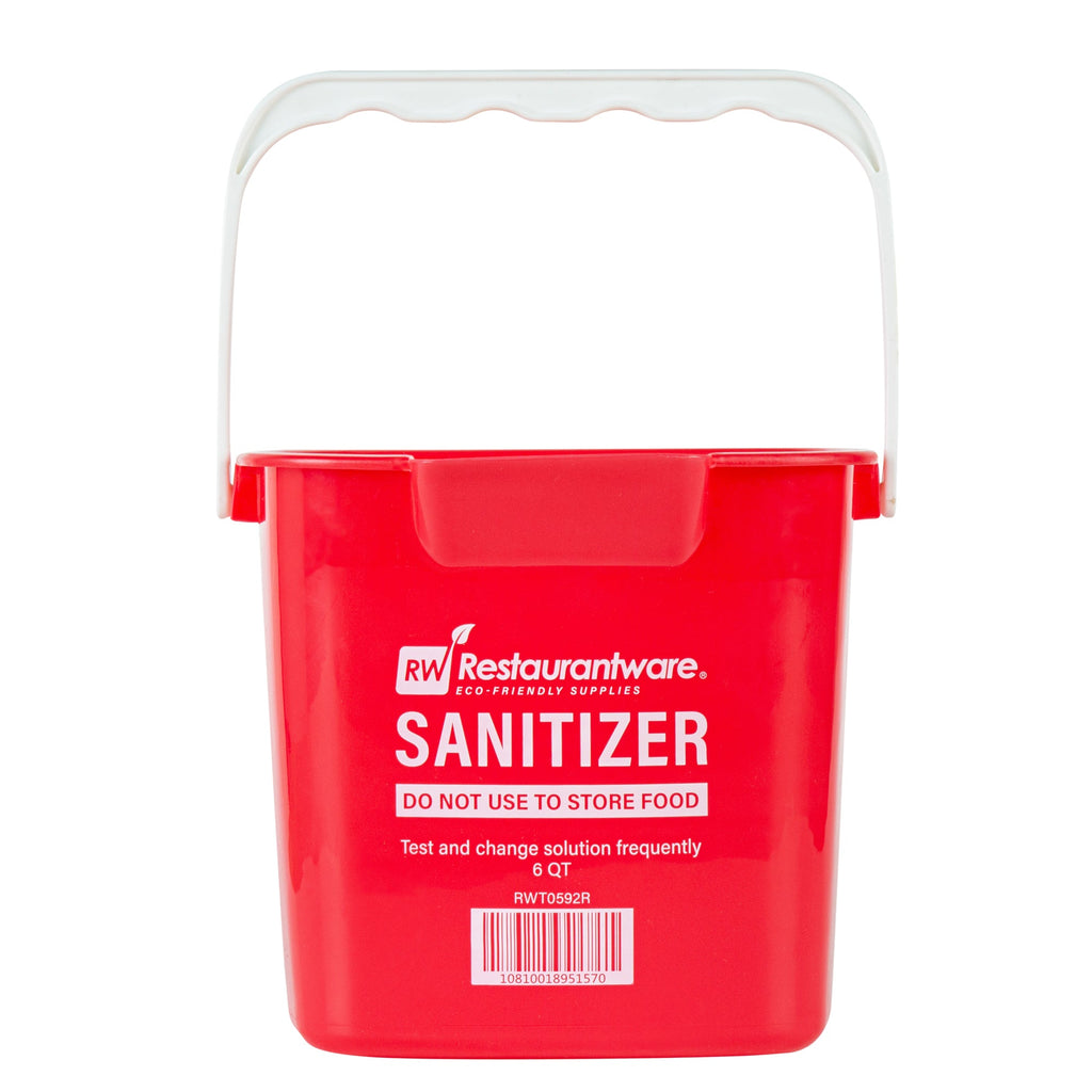 RW Clean 6 Qt Square Red Plastic Sanitizing Bucket - with Stainless Steel Handle - 8 1/2" x 8 1/2" x 7 1/4" - 1 count box
