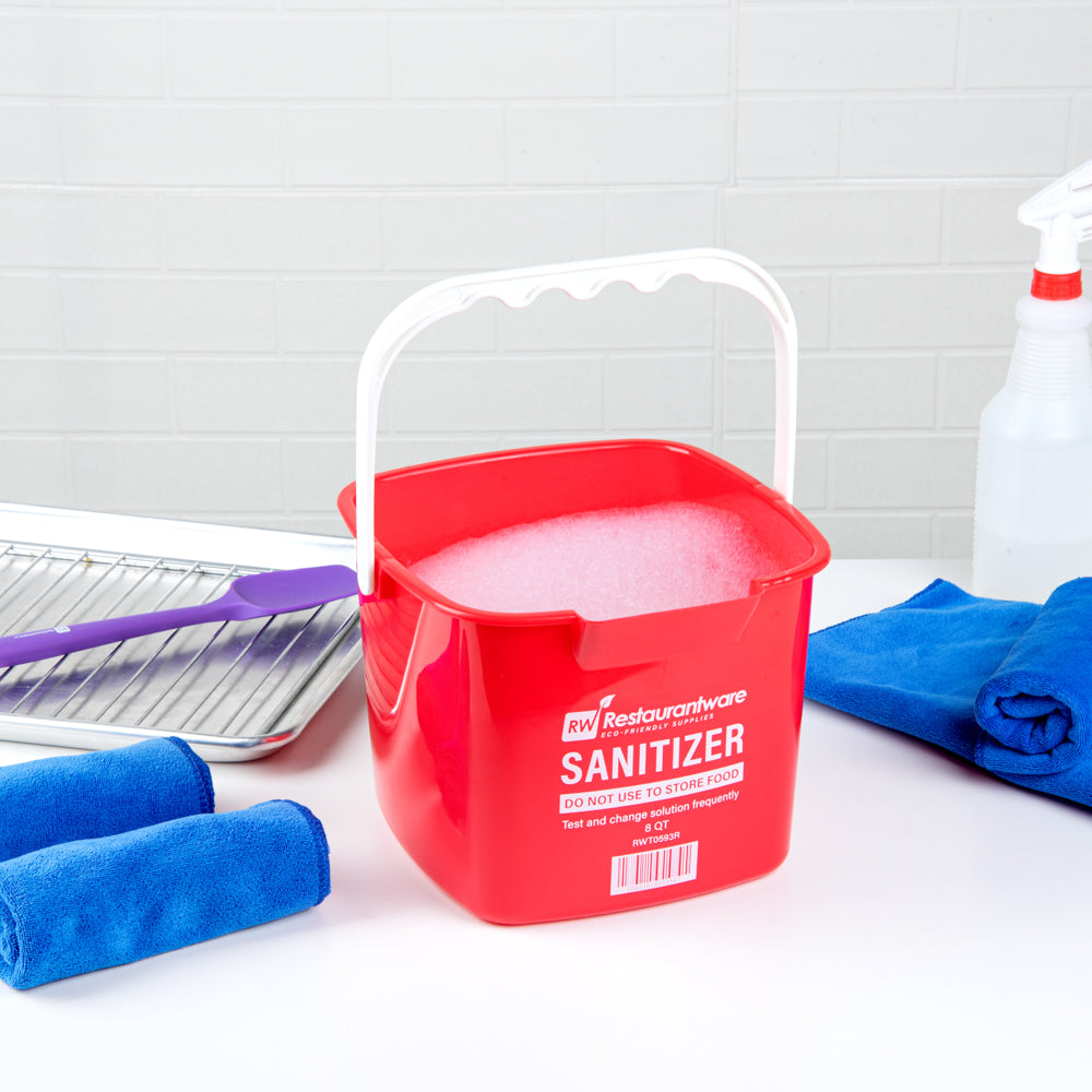 RW Clean 8 Qt Square Red Plastic Sanitizing Bucket - with Plastic Handle - 9 3/4" x 9 3/4" x 7 1/2" - 10 count box