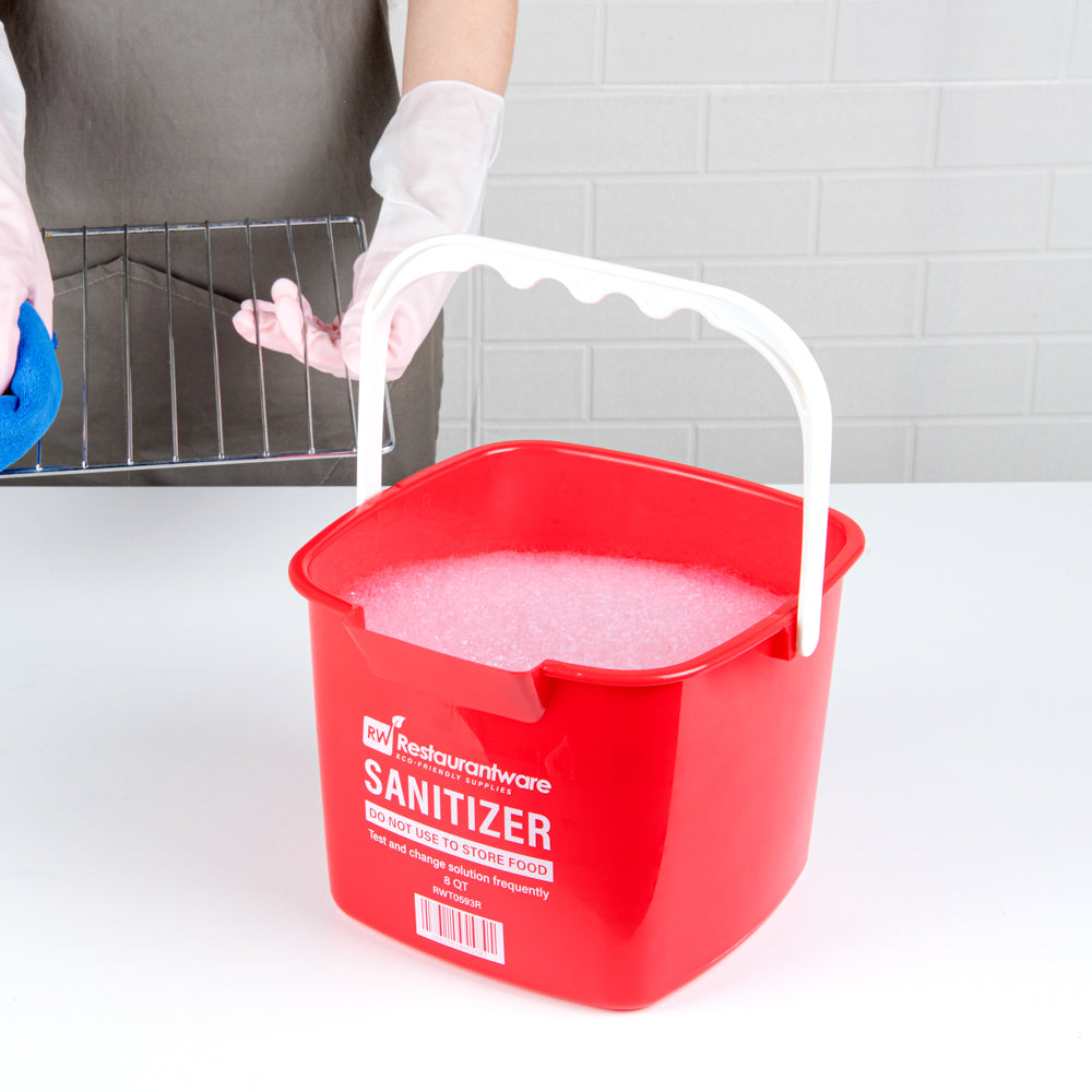 RW Clean 8 Qt Square Red Plastic Sanitizing Bucket - with Plastic Handle - 9 3/4" x 9 3/4" x 7 1/2" - 10 count box