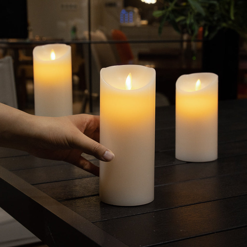 Fire Tek White Plastic Flameless Pillar Candle - Real Wax, Programmable - 3" x 3" x 7" - 10 count box