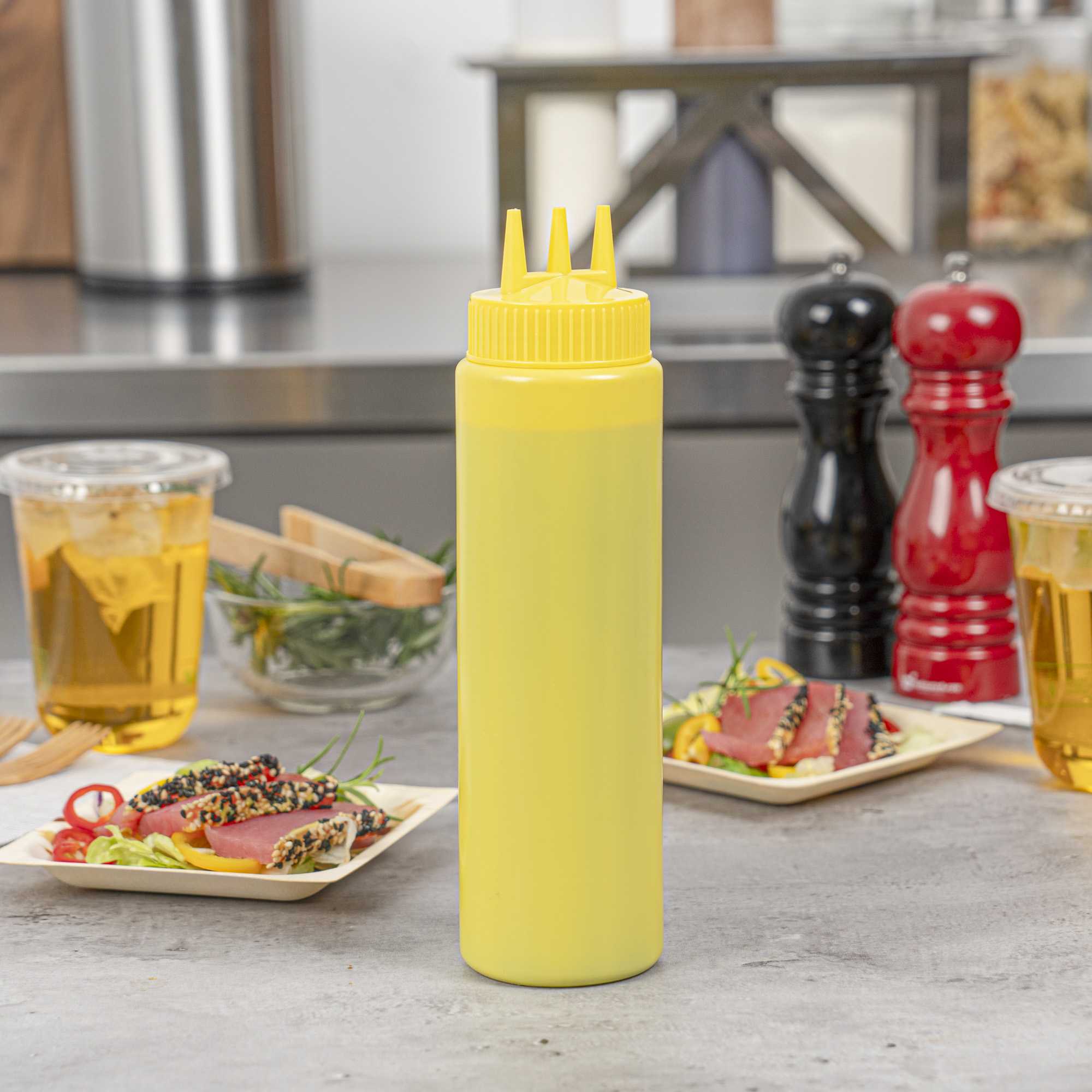Sauce Tek 24 oz Yellow Plastic Mustard Squeeze Bottle - with Triple Dispersion Tip - 6 count box