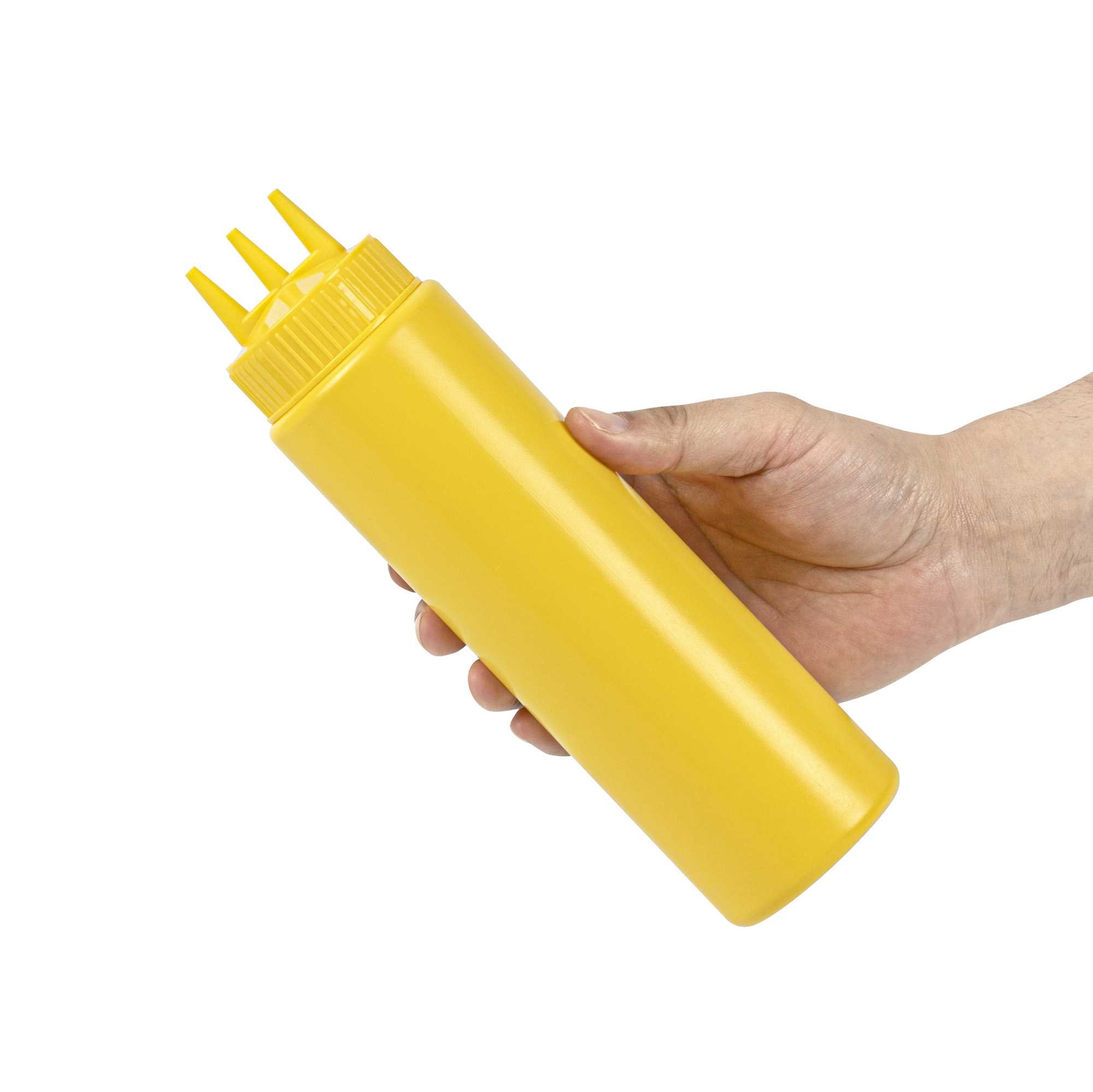 Sauce Tek 24 oz Yellow Plastic Mustard Squeeze Bottle - with Triple Dispersion Tip - 6 count box