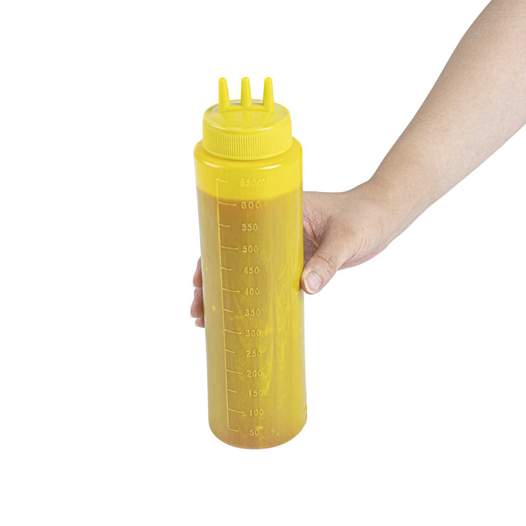 Sauce Tek 24 oz Yellow Plastic Mustard Squeeze Bottle - with Triple Dispersion Tip - 6 count box