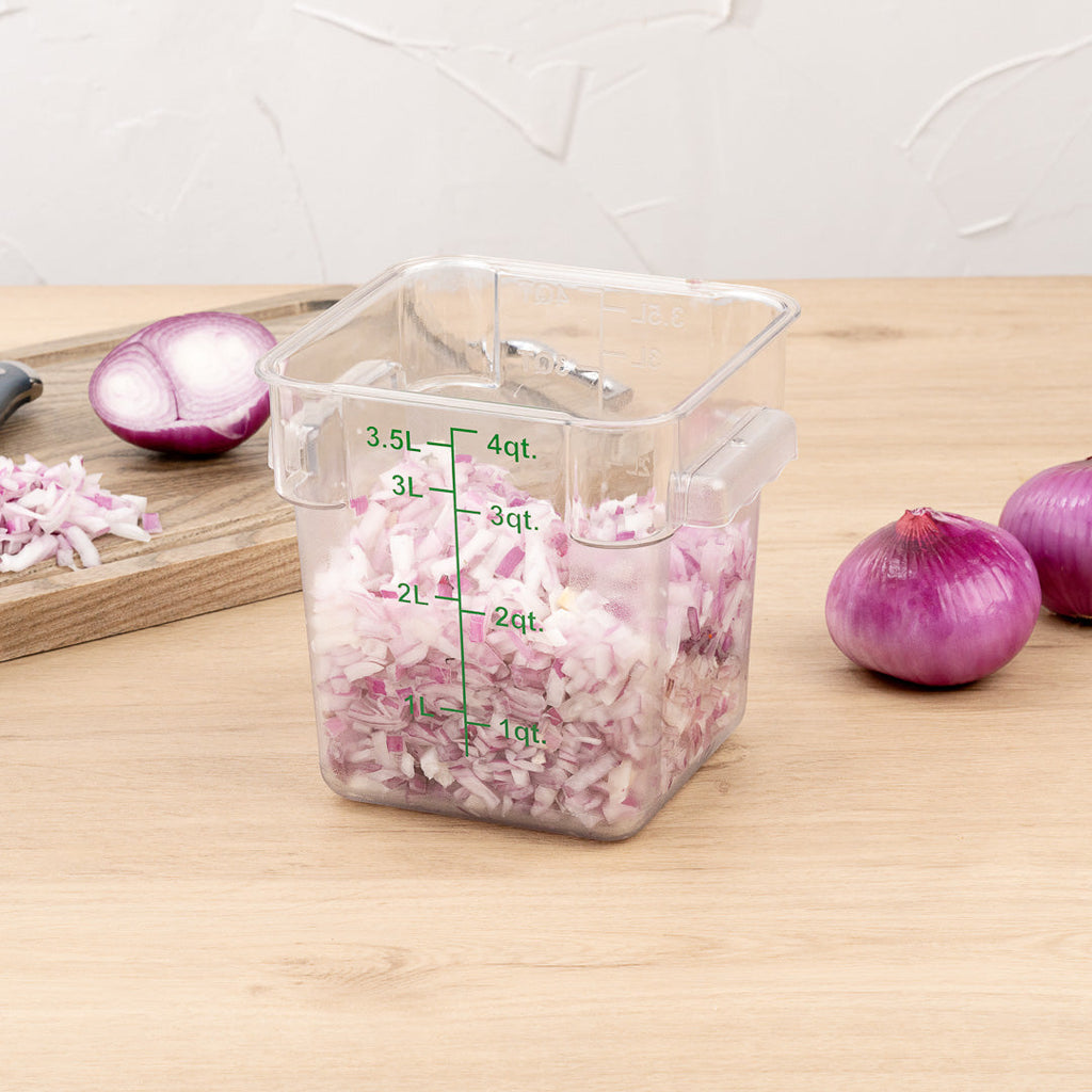 Met Lux 4 qt Square Clear Plastic Food Storage Container - with Green Volume Markers - 7" x 7" x 7 1/4" - 10 count box