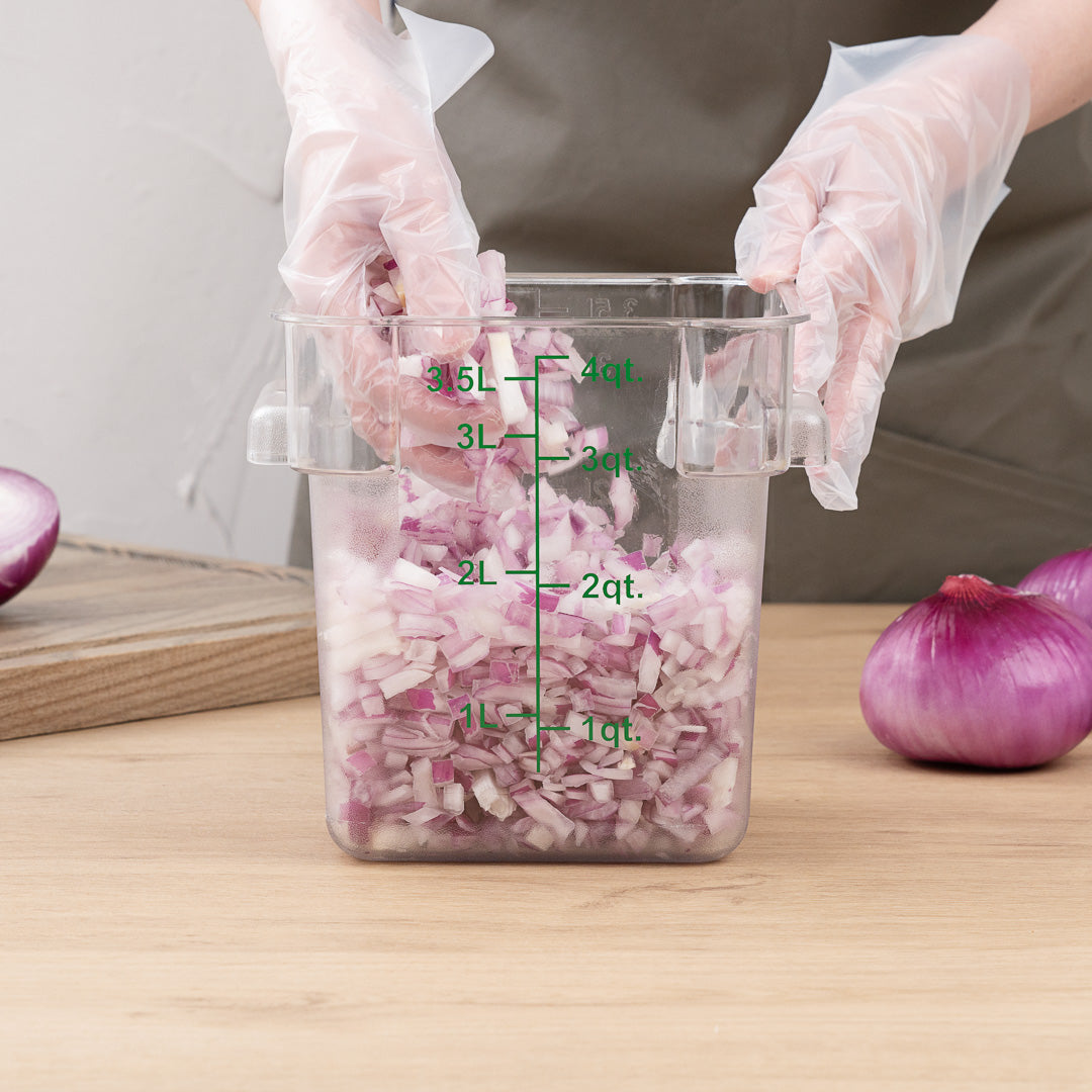 Met Lux 4 qt Square Clear Plastic Food Storage Container - with Green Volume Markers - 7" x 7" x 7 1/4" - 10 count box