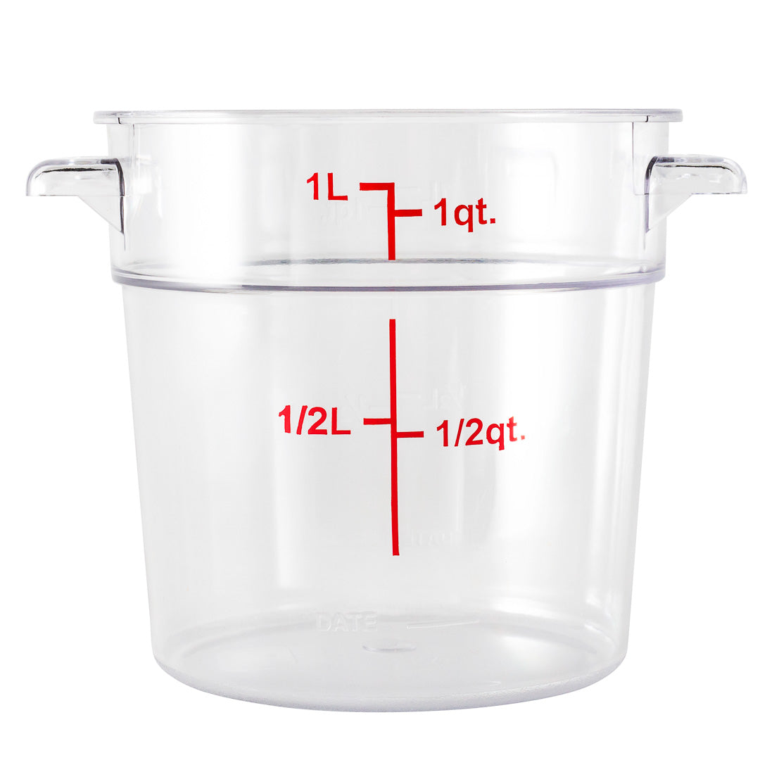 Met Lux 1 qt Round Clear Plastic Food Storage Container - with Red Volume Markers - 5" x 5" x 4 3/4" - 1 count box
