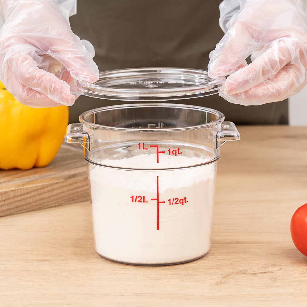 Met Lux 1 qt Round Clear Plastic Food Storage Container - with Red Volume Markers - 5" x 5" x 4 3/4" - 1 count box