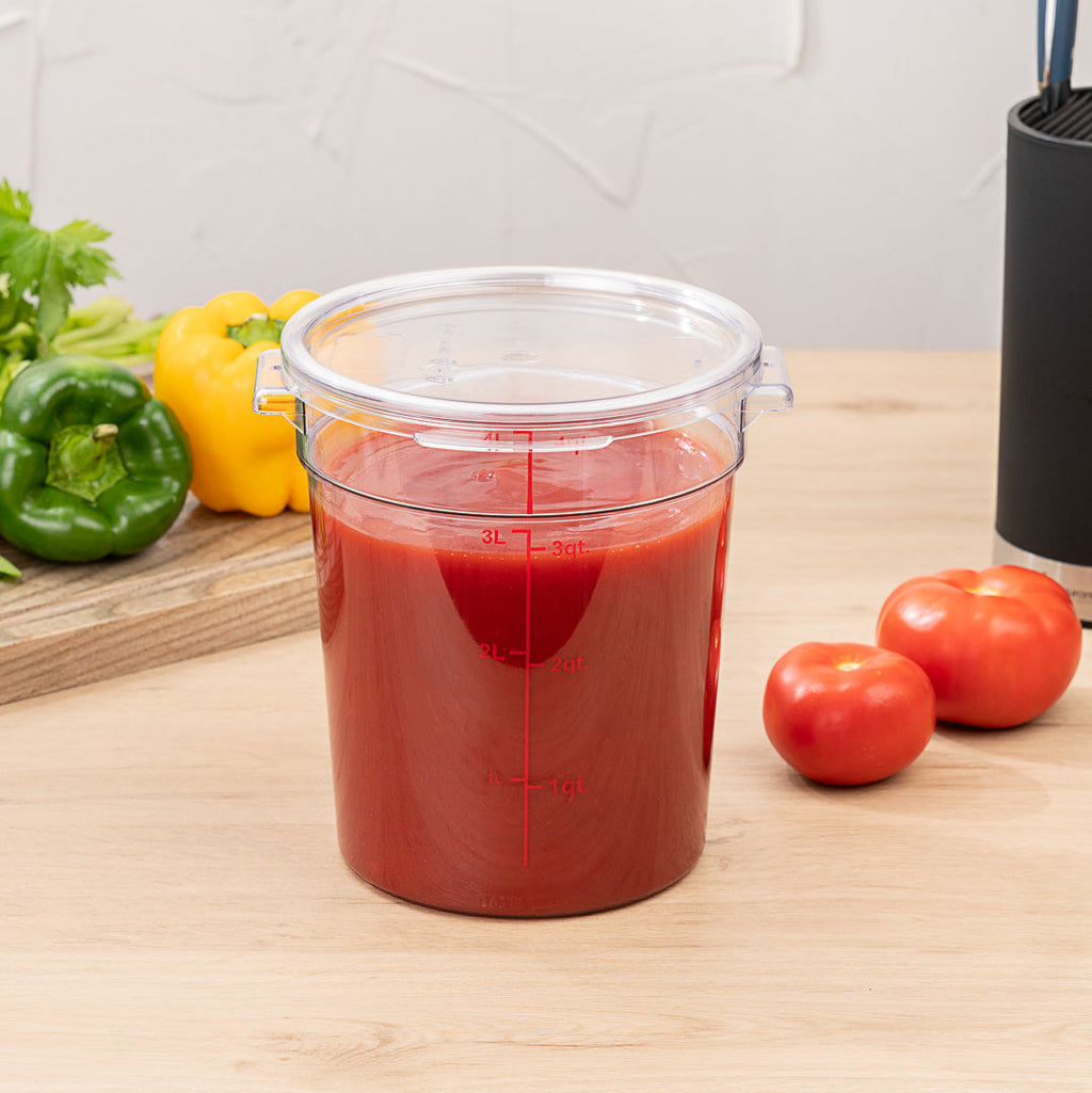 Met Lux 4 qt Round Clear Plastic Food Storage Container - with Red Volume Markers - 7" x 7" x 8 1/2" - 10 count box