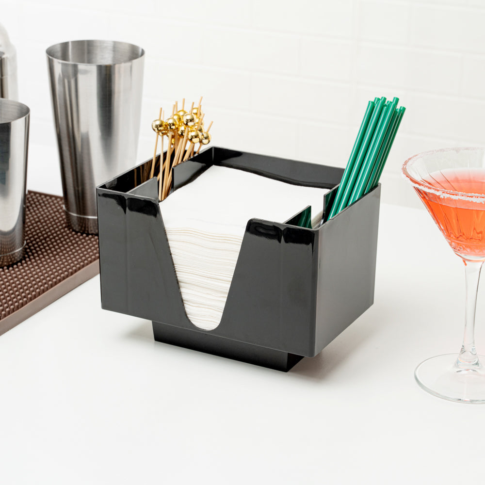 Bar Lux Rectangle Black Plastic Condiment Caddy / Napkin Holder - 3 Compartments - 8" x 5 1/2" x 5 3/4" - 10 count box
