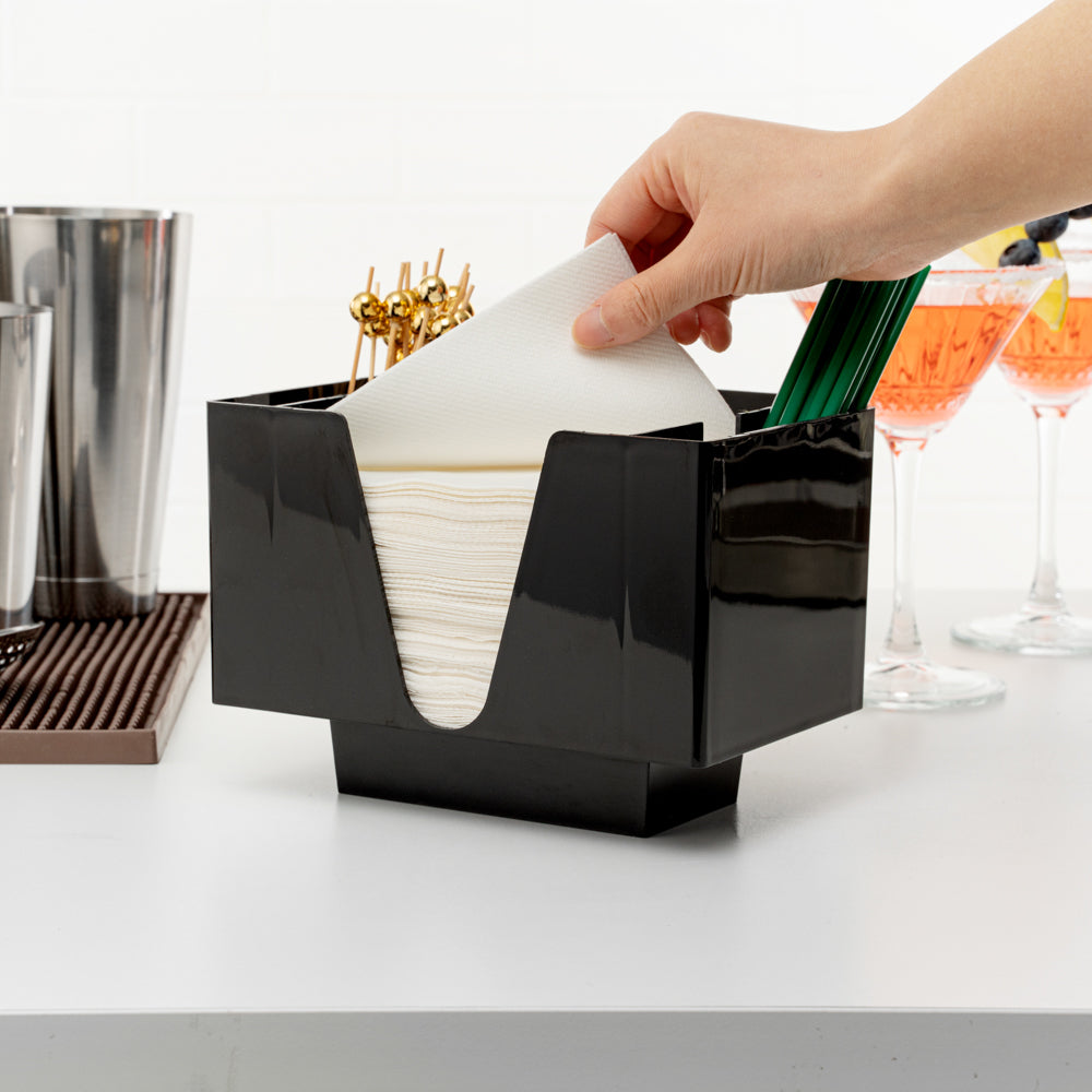 Bar Lux Rectangle Black Plastic Condiment Caddy / Napkin Holder - 3 Compartments - 8" x 5 1/2" x 5 3/4" - 10 count box