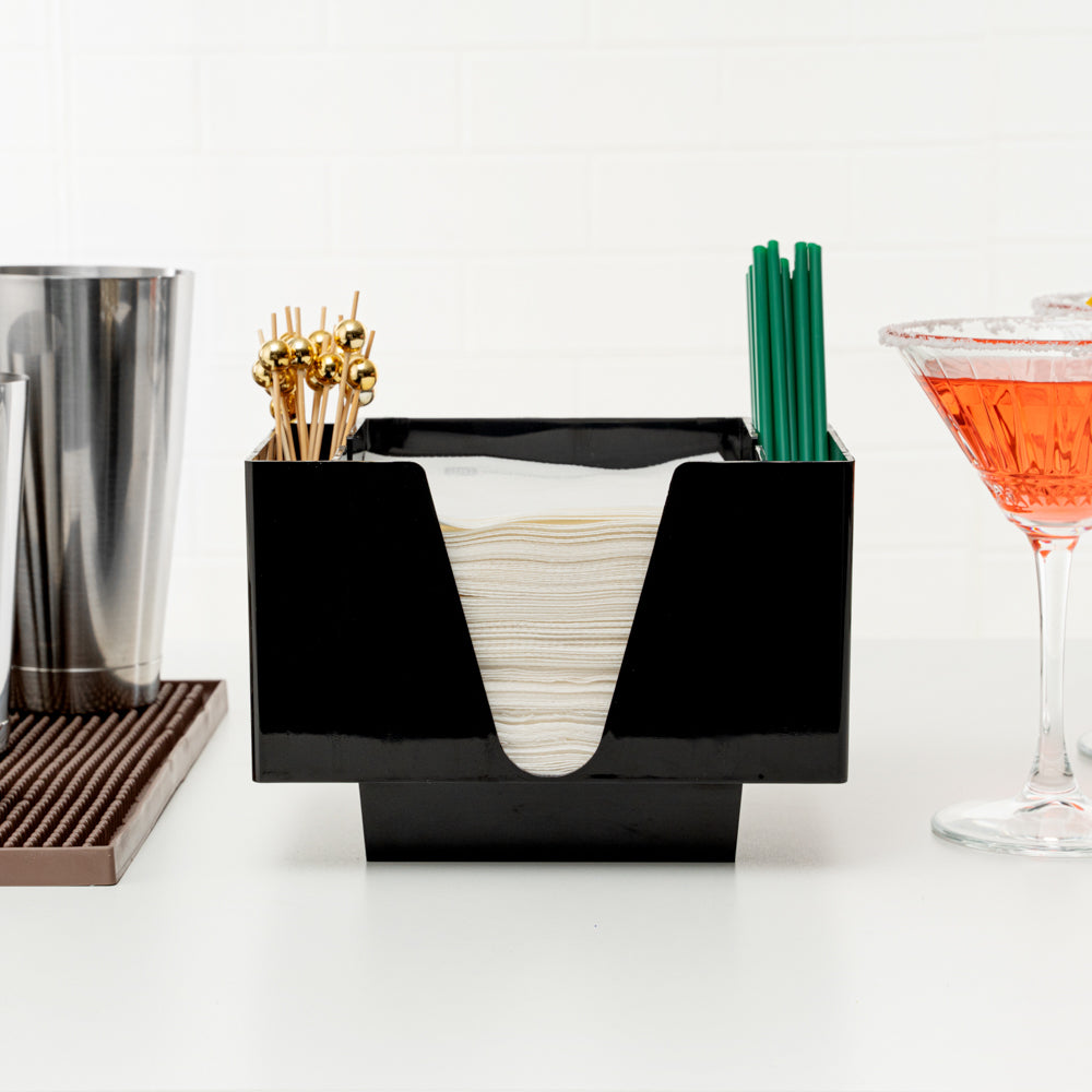 Bar Lux Rectangle Black Plastic Condiment Caddy / Napkin Holder - 3 Compartments - 8" x 5 1/2" x 5 3/4" - 10 count box