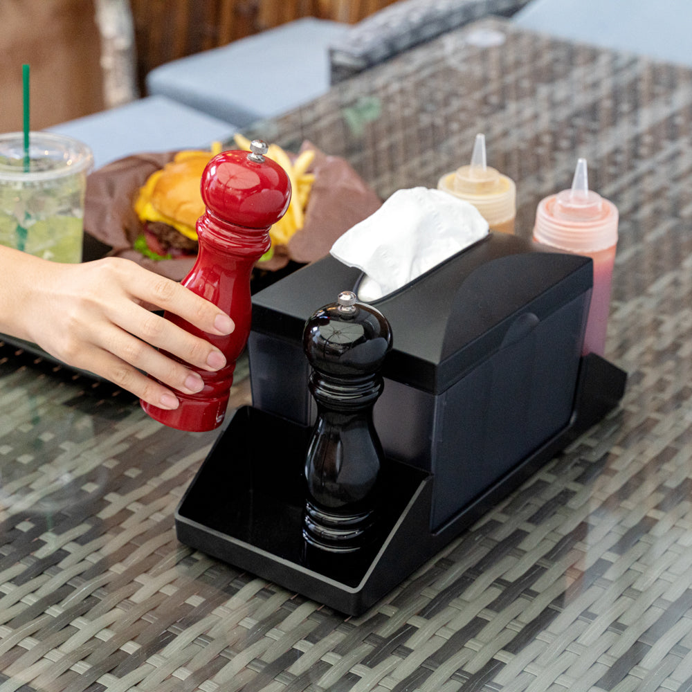 Bar Lux Rectangle Black Plastic Tabletop Condiment Caddy / Interfold Napkin Dispenser - 14 1/4" x 5 3/4" x 6 1/2" - 1 count box
