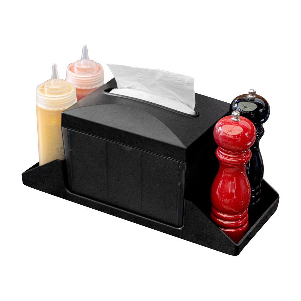 Bar Lux Rectangle Black Plastic Tabletop Condiment Caddy / Interfold Napkin Dispenser - 14 1/4" x 5 3/4" x 6 1/2" - 10 count box