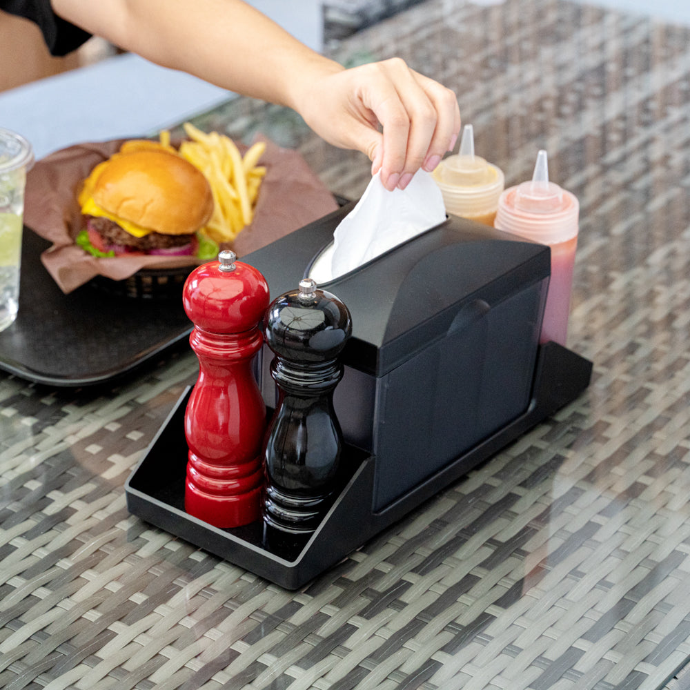 Bar Lux Rectangle Black Plastic Tabletop Condiment Caddy / Interfold Napkin Dispenser - 14 1/4" x 5 3/4" x 6 1/2" - 10 count box