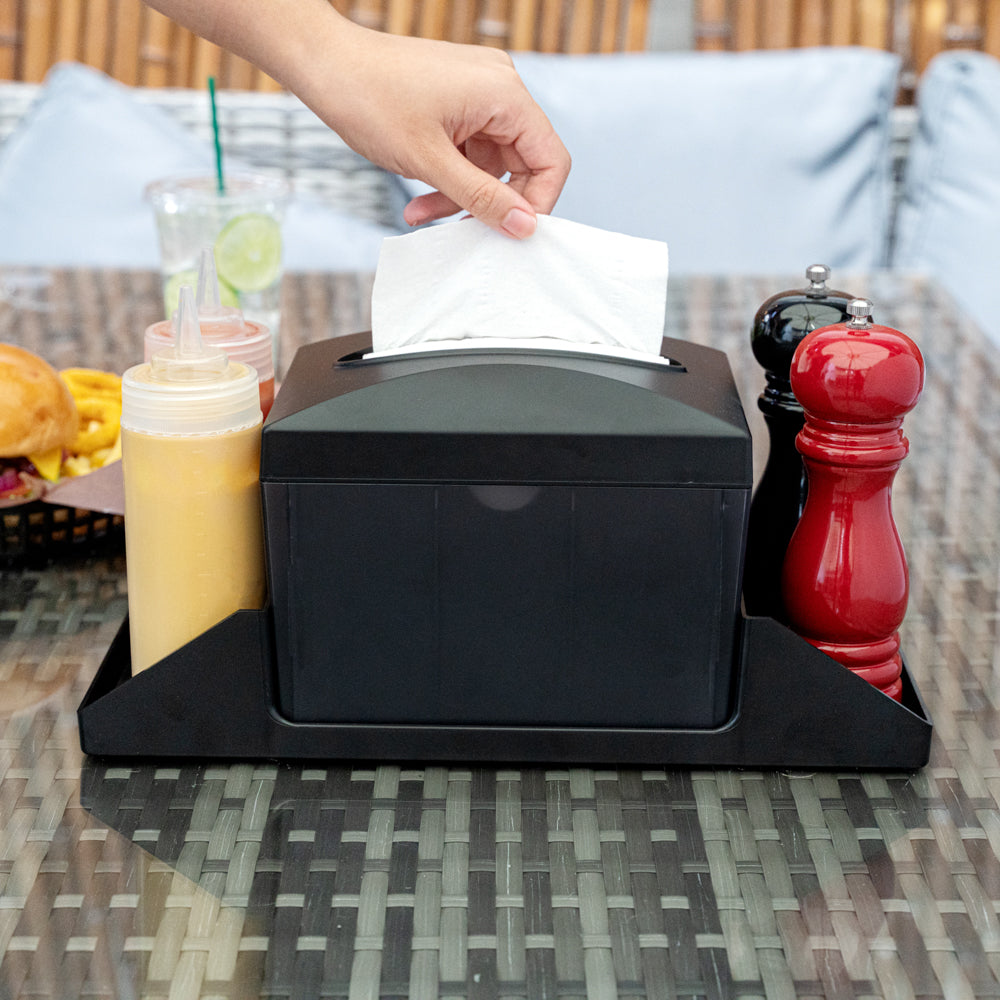 Bar Lux Rectangle Black Plastic Tabletop Condiment Caddy / Interfold Napkin Dispenser - 14 1/4" x 5 3/4" x 6 1/2" - 10 count box