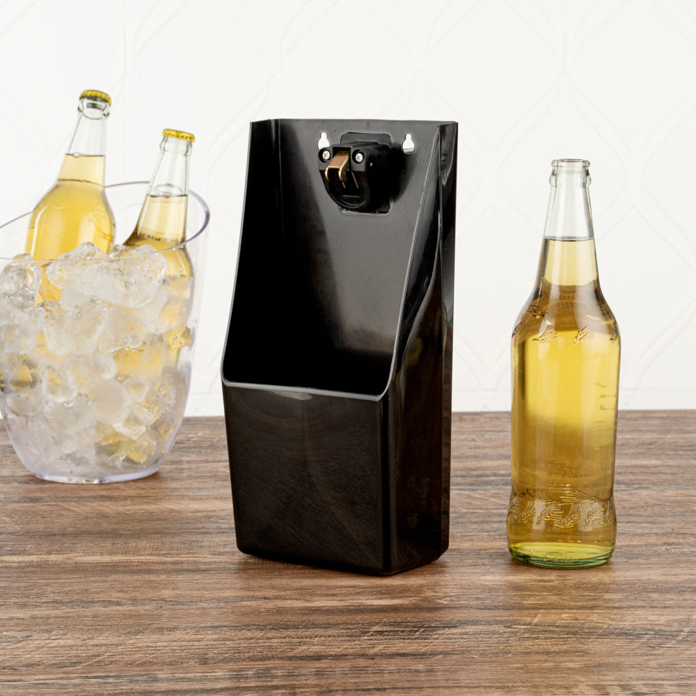 Bar Lux Rectangle Black Bottle Cap Catcher - with Bottle Opener - 8 1/4" x 5 1/2" x 3" - 10 count box