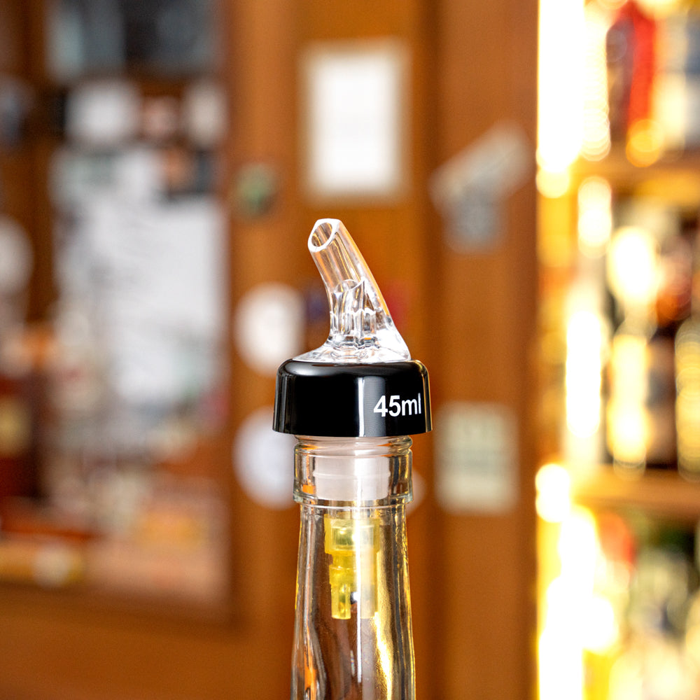 Bar Lux 1.5 oz Yellow Plastic Measured Liquor Pourer - with Collar, Clear Spout - 1 1/2" x 1 1/2" x 3 3/4" - 10 count box