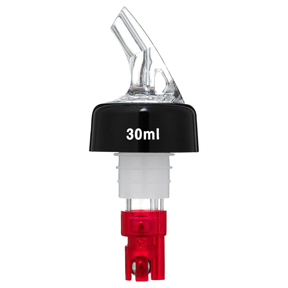 Bar Lux 1 oz Red Plastic Measured Liquor Pourer - with Collar, Clear Spout - 1 1/2" x 1 1/2" x 3 3/4" - 10 count box