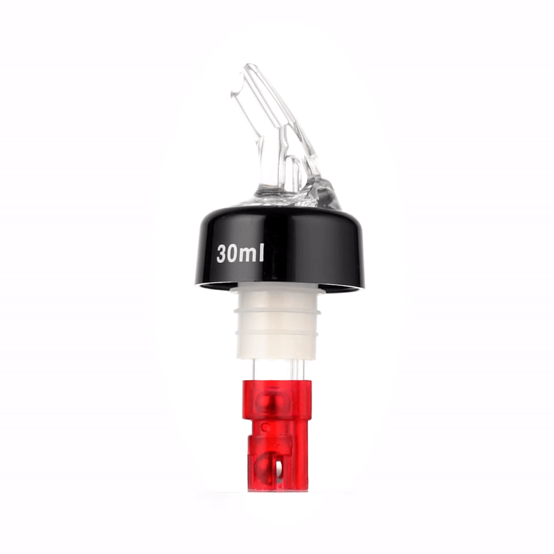 Bar Lux 1 oz Red Plastic Measured Liquor Pourer - with Collar, Clear Spout - 1 1/2" x 1 1/2" x 3 3/4" - 10 count box