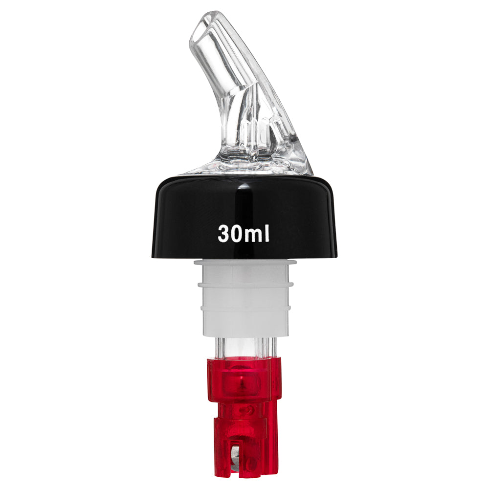 Bar Lux 1 oz Red Plastic Measured Liquor Pourer - with Collar, Clear Spout - 1 1/2" x 1 1/2" x 3 3/4" - 10 count box