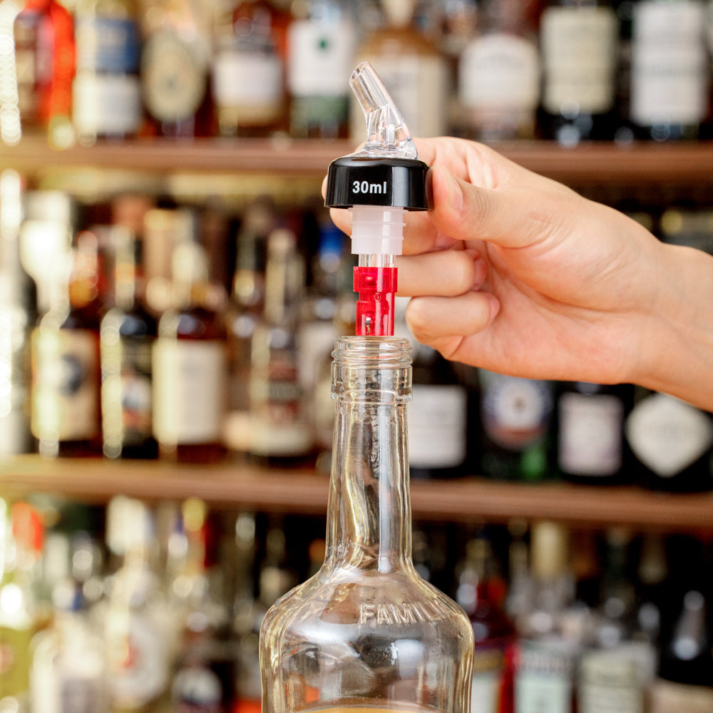 Bar Lux 1 oz Red Plastic Measured Liquor Pourer - with Collar, Clear Spout - 1 1/2" x 1 1/2" x 3 3/4" - 10 count box