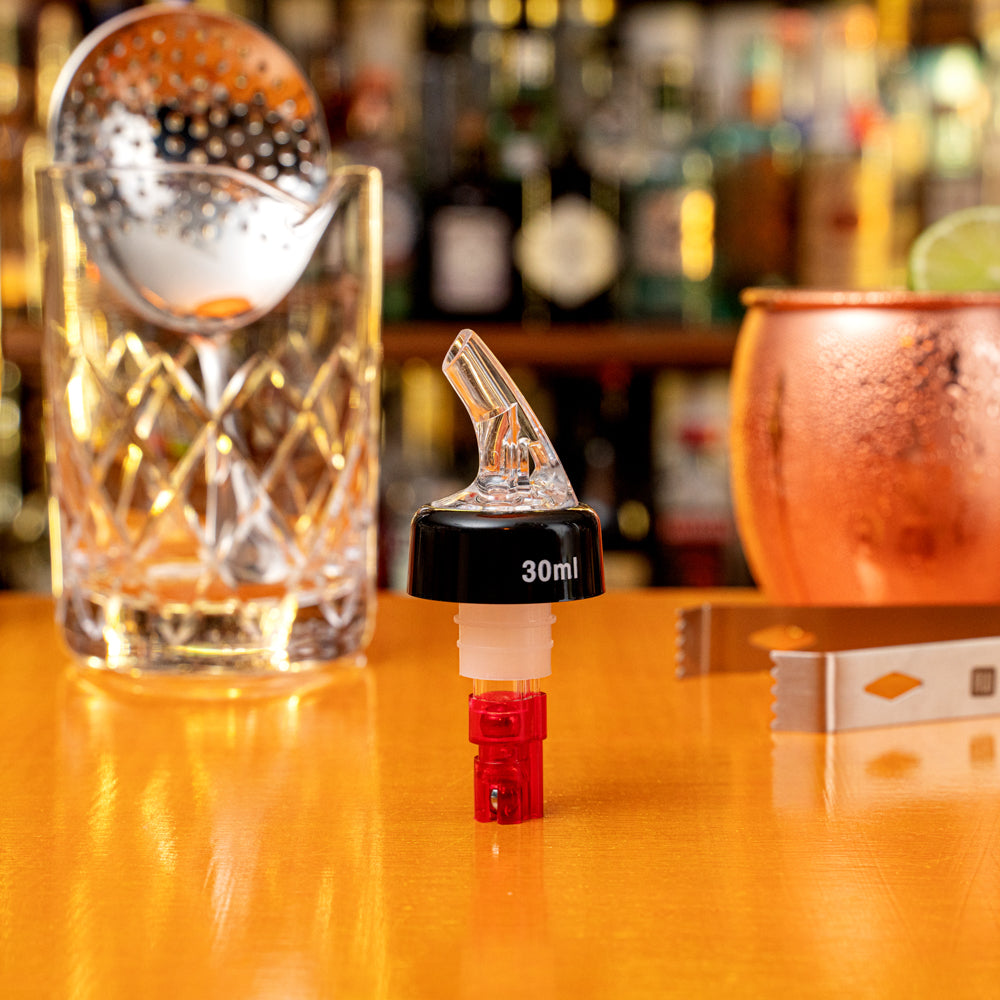 Bar Lux 1 oz Red Plastic Measured Liquor Pourer - with Collar, Clear Spout - 1 1/2" x 1 1/2" x 3 3/4" - 10 count box