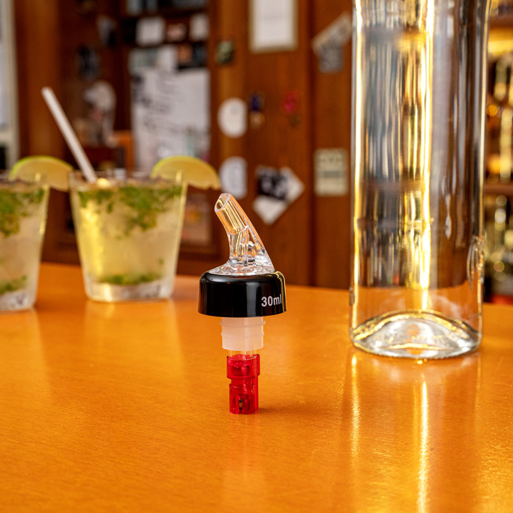 Bar Lux 1 oz Red Plastic Measured Liquor Pourer - with Collar, Clear Spout - 1 1/2" x 1 1/2" x 3 3/4" - 10 count box