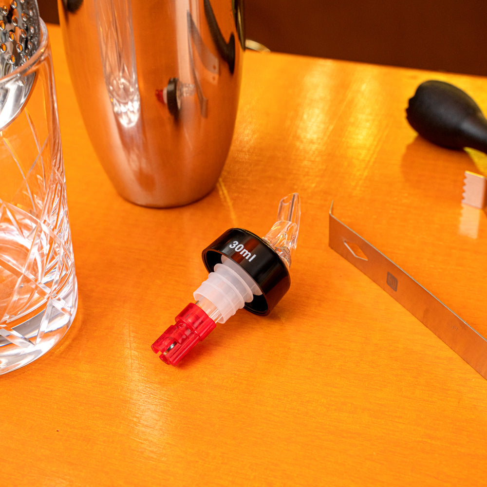 Bar Lux 1 oz Red Plastic Measured Liquor Pourer - with Collar, Clear Spout - 50 count box