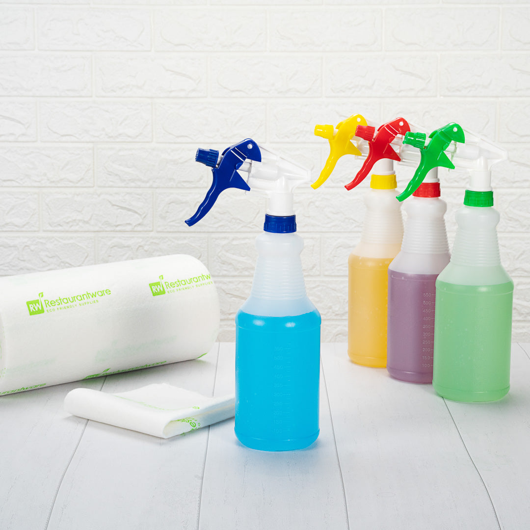 RW Clean Assorted 25 oz Plastic Spray Bottle Set - Includes 4 Bottles, Adjustable Nozzle - 4 count box