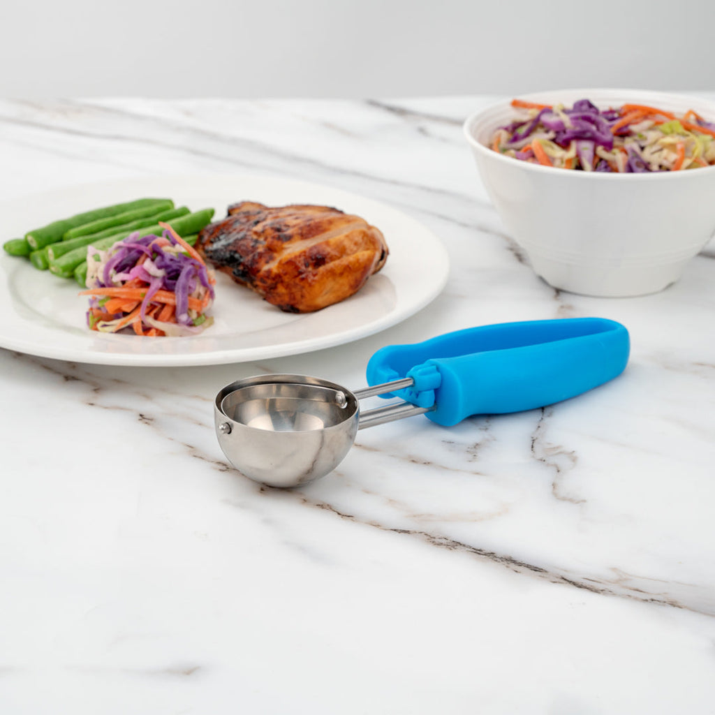 Comfy Grip 2 oz Stainless Steel #16 Portion Scoop - with Blue Ambidextrous Handle - 1 count box