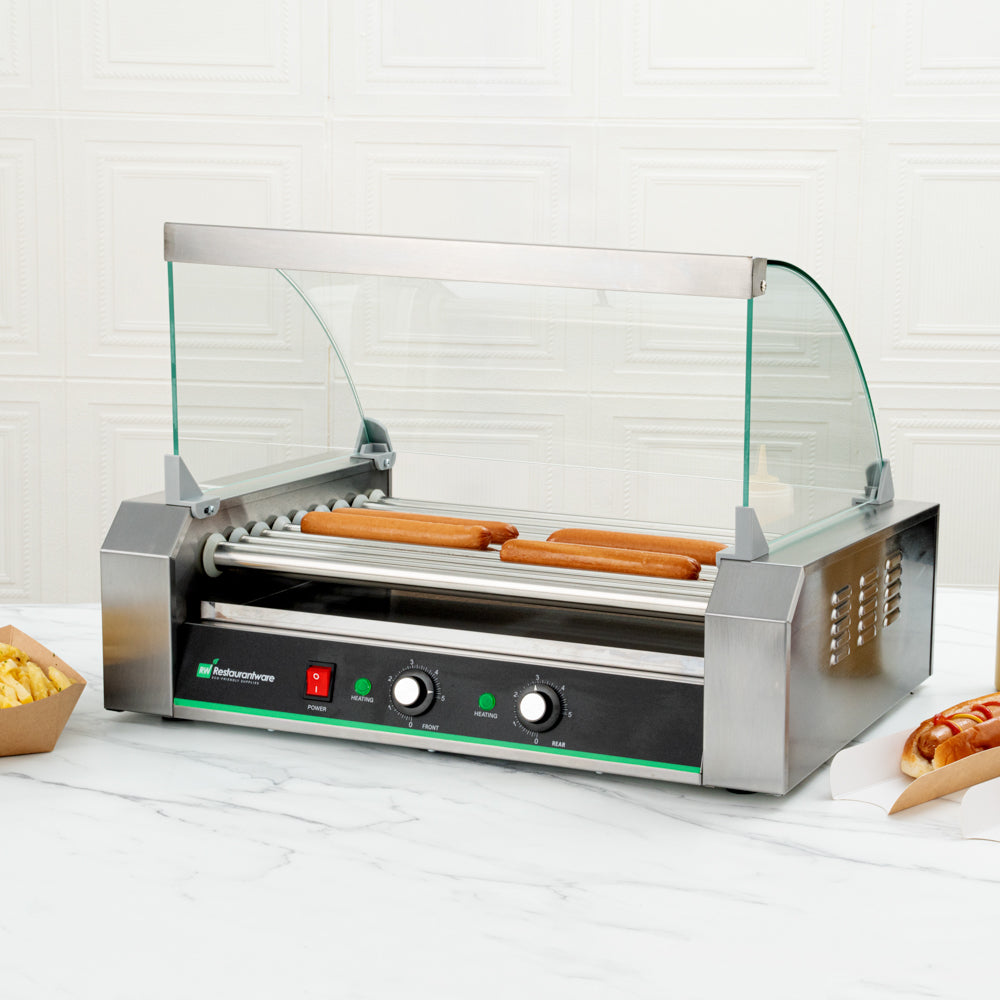 Hi Tek Stainless Steel Hot Dog Roller Grill Warmer - Fits 24, Curved Glass, Sneeze Guard - 1 count box