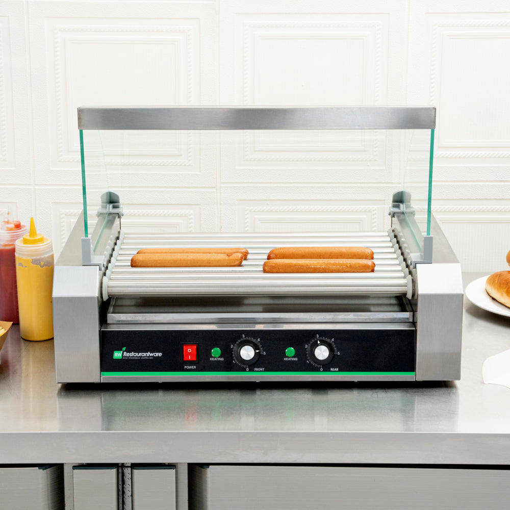Hi Tek Stainless Steel Hot Dog Roller Grill Warmer - Fits 24, Curved Glass, Sneeze Guard - 1 count box