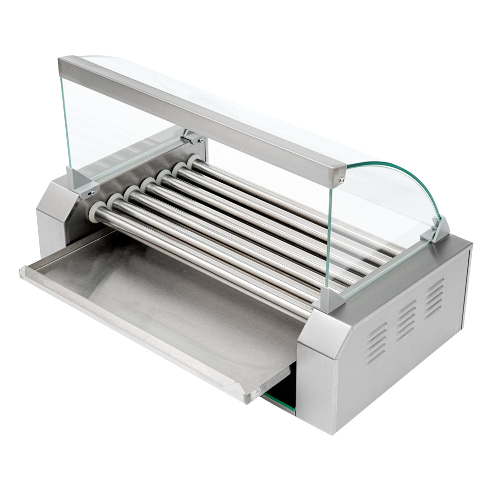 Hi Tek Stainless Steel Hot Dog Roller Grill Warmer - Fits 18, Curved Glass, Sneeze Guard - 1 count box