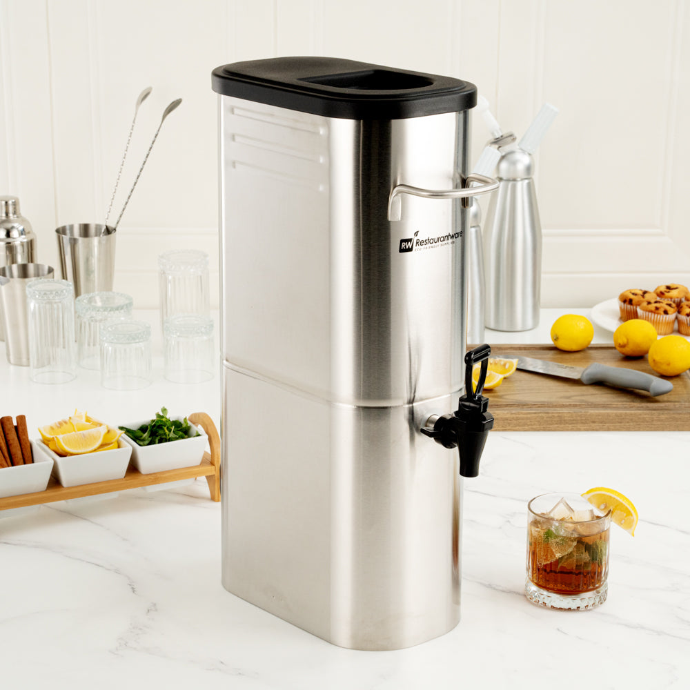 Bev Tek 3 gal Silver 13/0 Stainless Steel Iced Tea Dispenser - 11" x 6 1/2" x 20 3/4" - 1 count box