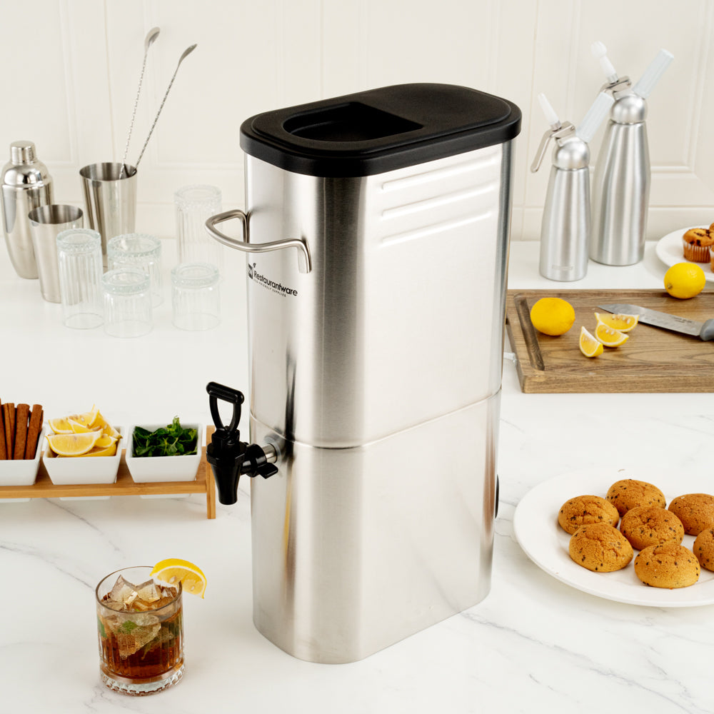 Bev Tek 3 gal Silver 13/0 Stainless Steel Iced Tea Dispenser - 11" x 6 1/2" x 20 3/4" - 1 count box