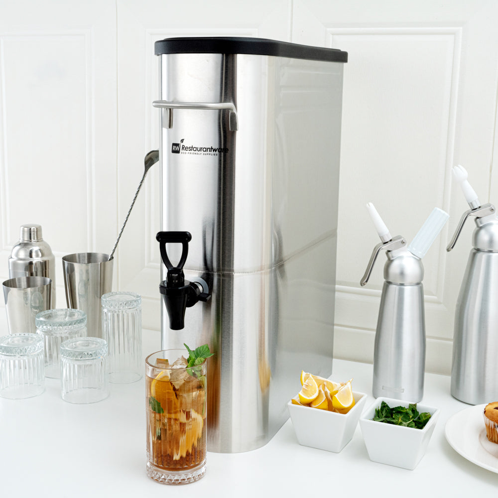 Bev Tek 5 gal Silver 13/0 Stainless Steel Iced Tea Dispenser - 16 1/2" x 6 3/4" x 20 3/4" - 1 count box