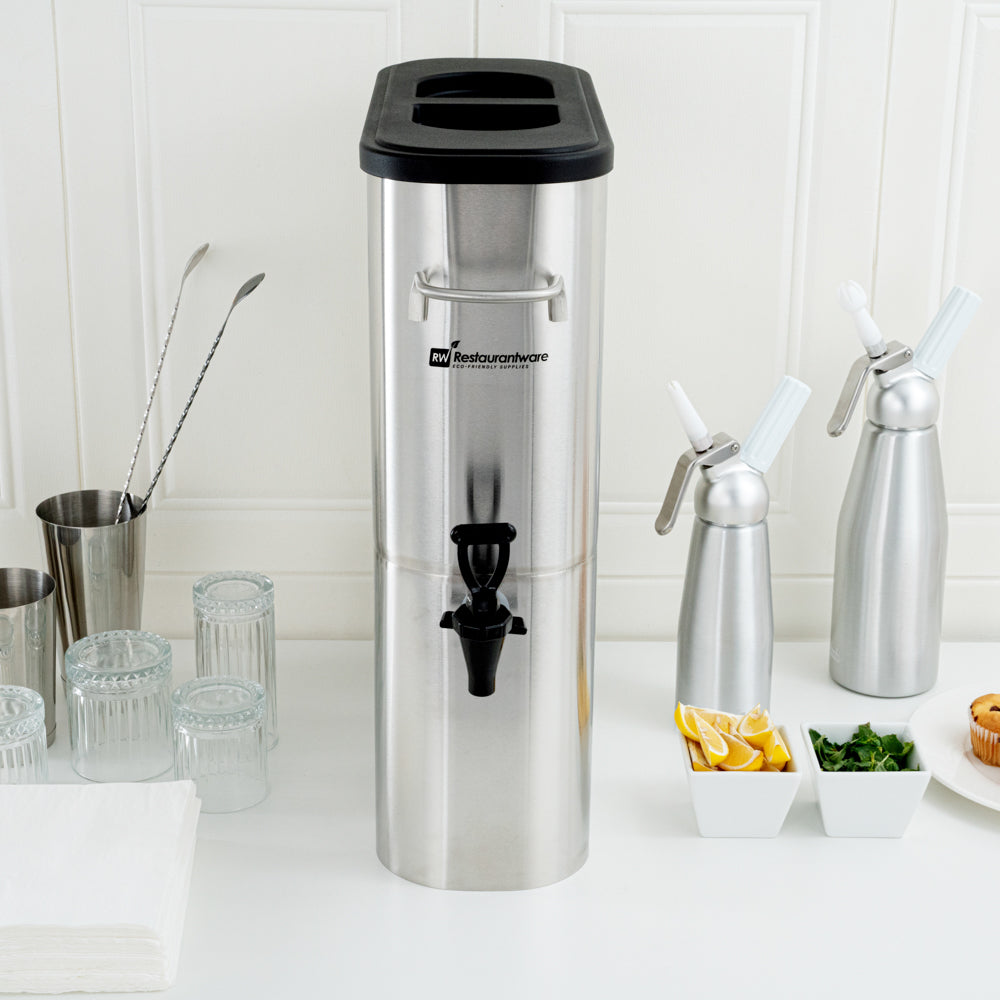 Bev Tek 5 gal Silver 13/0 Stainless Steel Iced Tea Dispenser - 16 1/2" x 6 3/4" x 20 3/4" - 1 count box