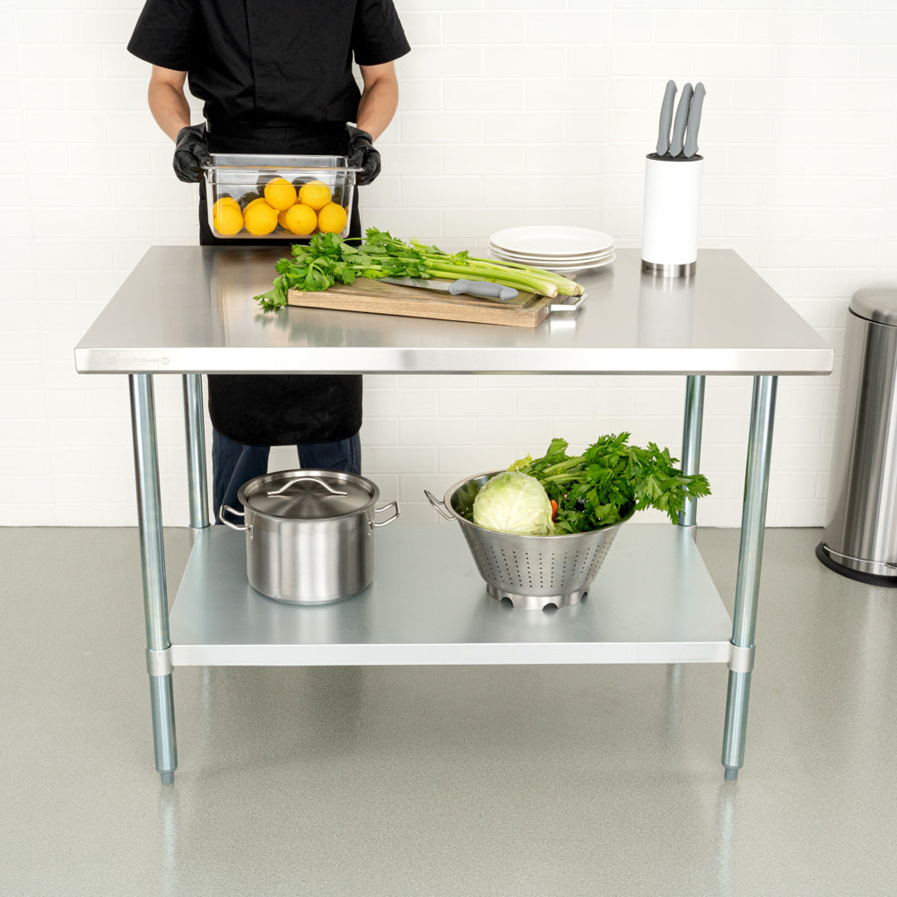Kitchen Tek 18-Gauge 304 Stainless Steel Commercial Work Table - Heavy Duty, Galvanized Legs, Undershelf - 30" x 48" - 1 count box