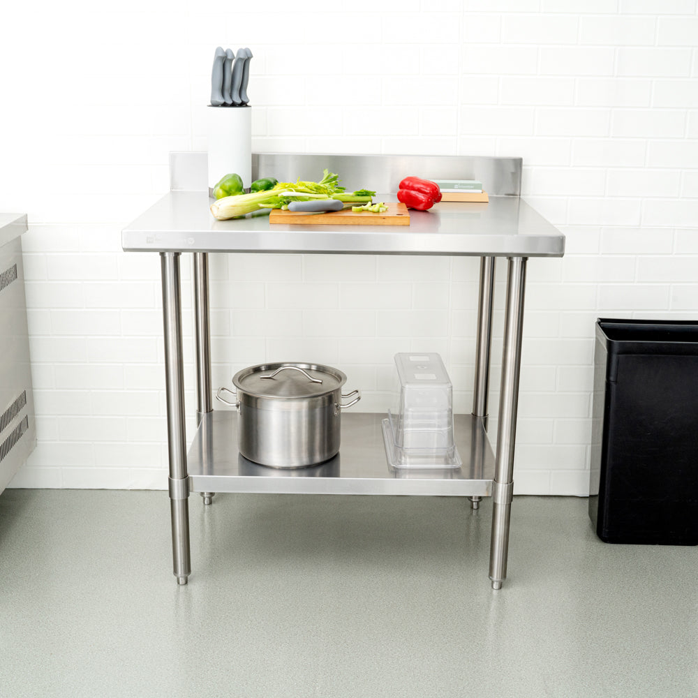 Kitchen Tek 16-Gauge 304 Stainless Steel Commercial Work Table - Medium Duty, 4" Backsplash, Undershelf - 24" x 36" - 1 count box