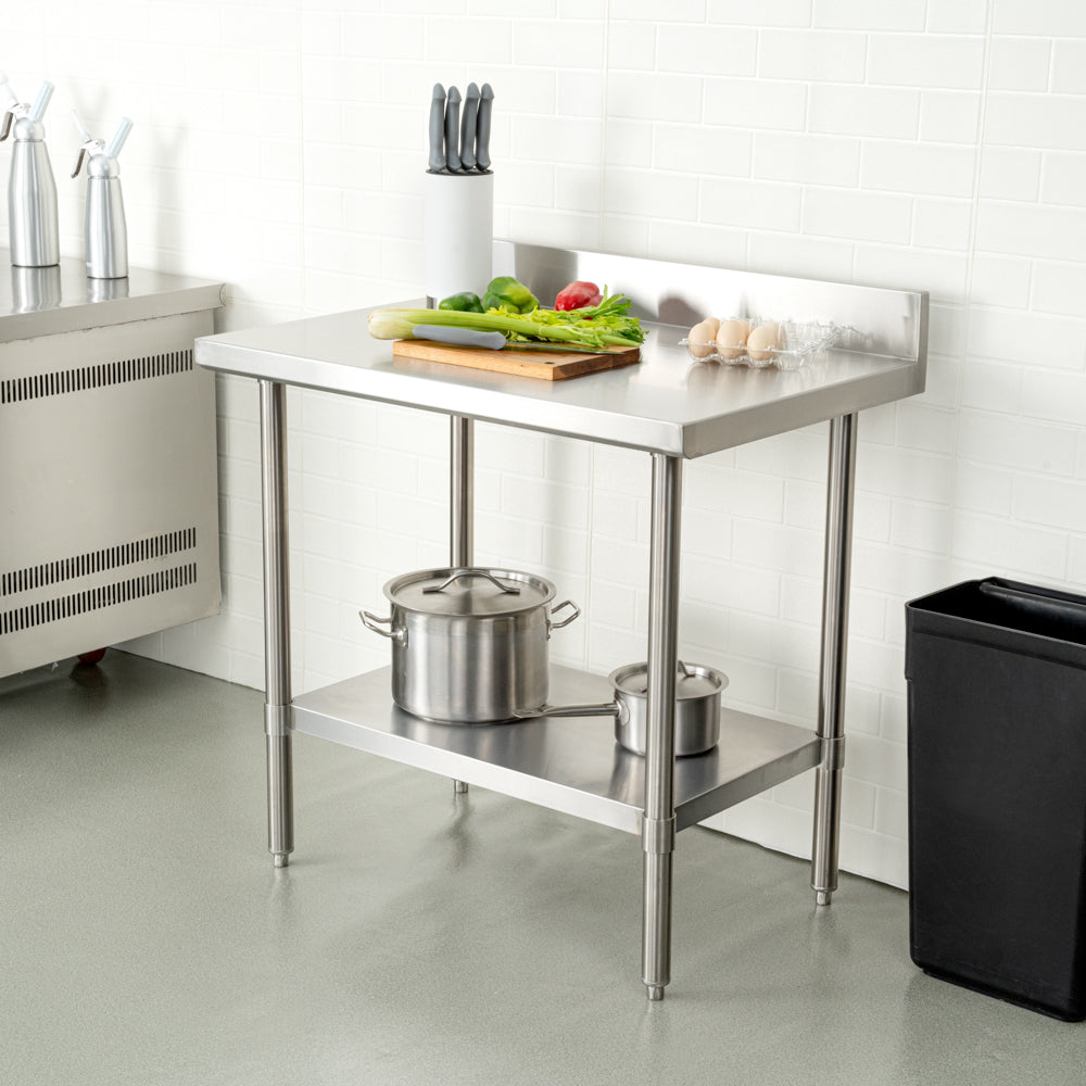 Kitchen Tek 16-Gauge 304 Stainless Steel Commercial Work Table - Medium Duty, 4" Backsplash, Undershelf - 24" x 36" - 1 count box