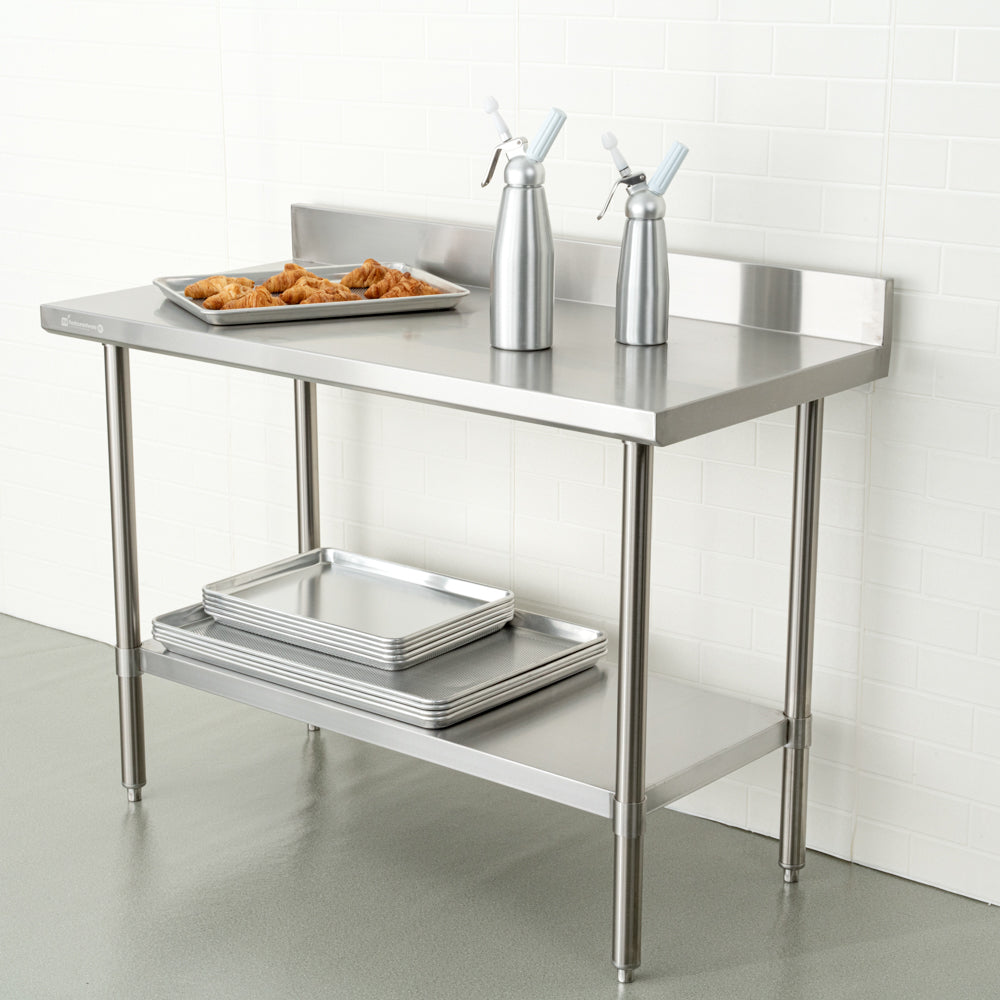 Kitchen Tek 16-Gauge 304 Stainless Steel Commercial Work Table - Medium Duty, 4" Backsplash, Undershelf - 24" x 48" - 1 count box