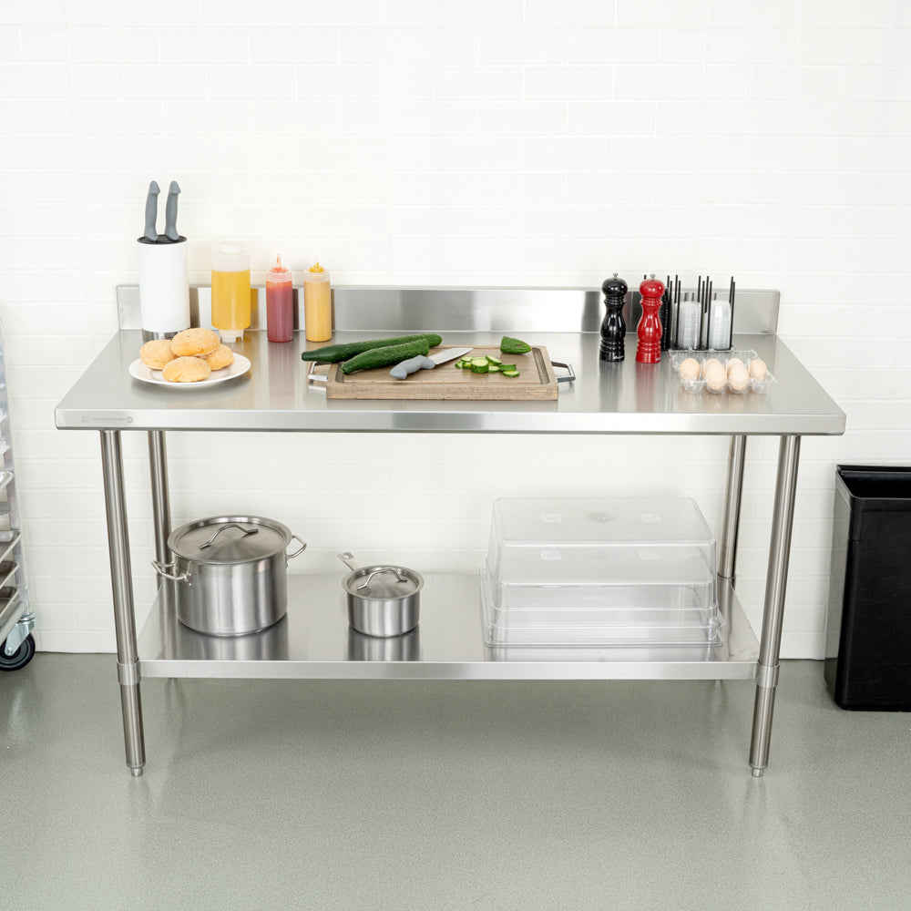 Kitchen Tek 16-Gauge 304 Stainless Steel Commercial Work Table - Medium Duty, 4" Backsplash, Undershelf - 24" x 60" - 1 count box
