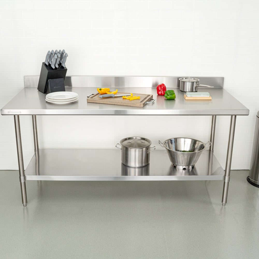 Kitchen Tek 16-Gauge 304 Stainless Steel Commercial Work Table - Medium Duty, 4" Backsplash, Undershelf - 30" x 72" - 1 count box