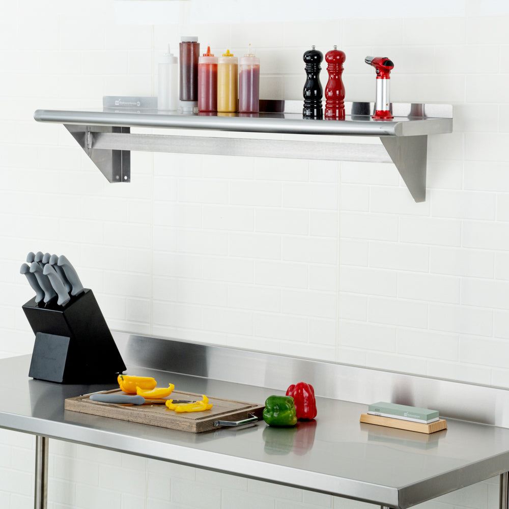 Kitchen Tek 430 Stainless Steel Wall Mounted Pot Rack - with Shelf, 4 Galvanized Hooks - 12" x 48" - 1 count box