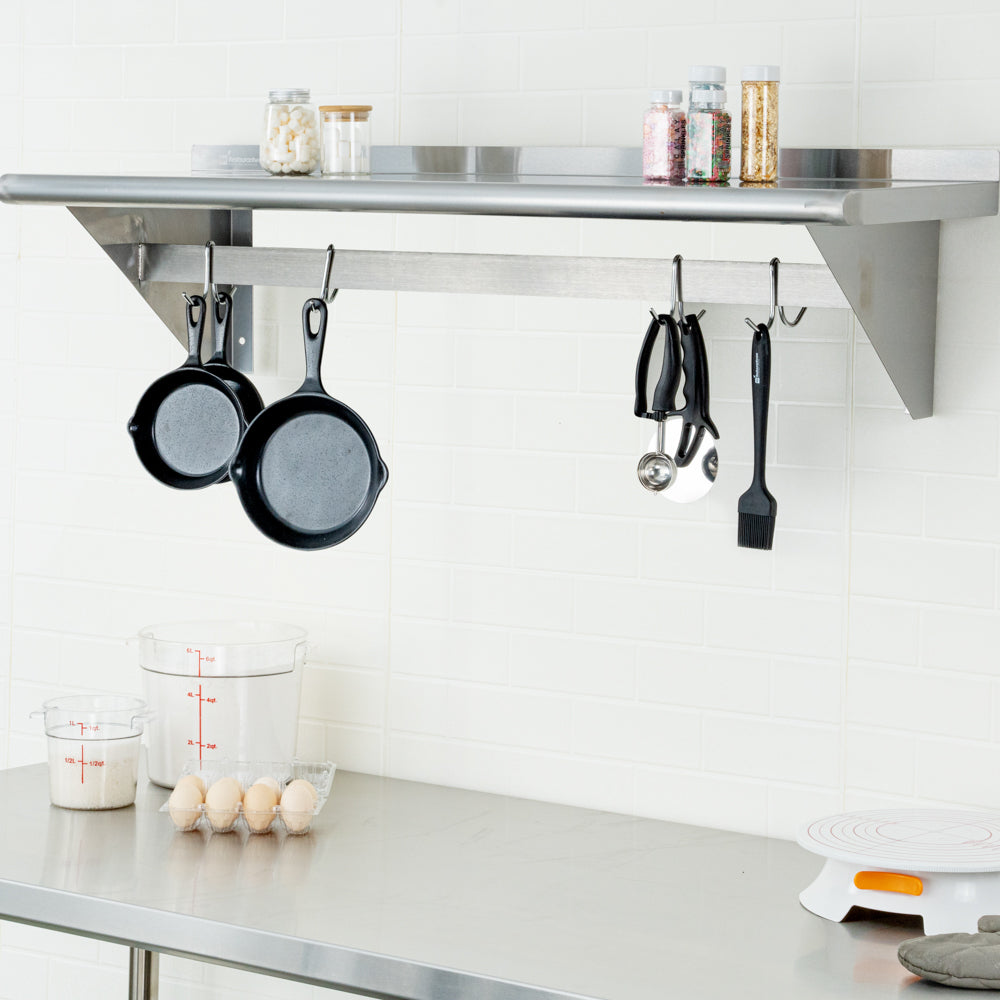 Kitchen Tek 430 Stainless Steel Wall Mounted Pot Rack - with Shelf, 4 Galvanized Hooks - 15" x 48" - 1 count box