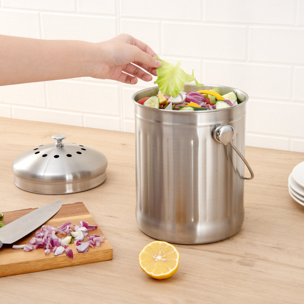 RW Clean 1 gal Stainless Steel Compost Bin - Charcoal Filter - 7 1/4" x 7 1/4" x 11" - 1 count box