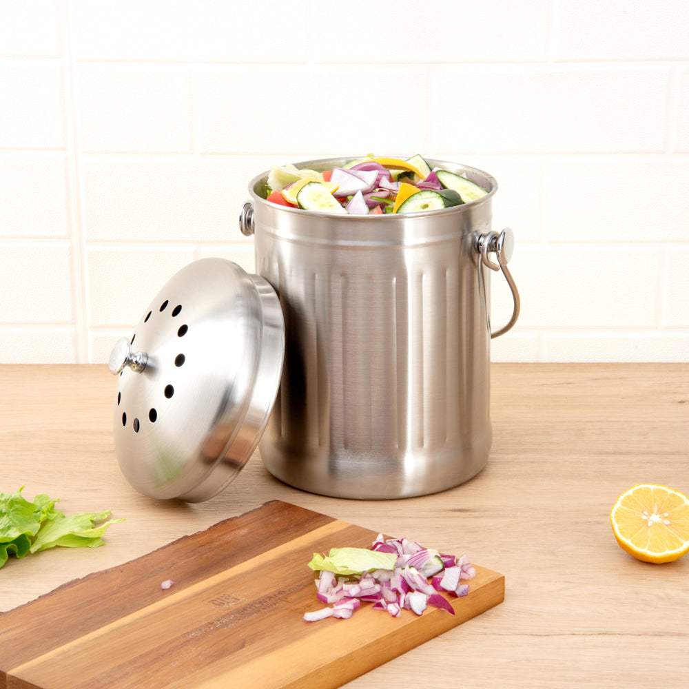 RW Clean 1 gal Stainless Steel Compost Bin - Charcoal Filter - 7 1/4" x 7 1/4" x 11" - 1 count box