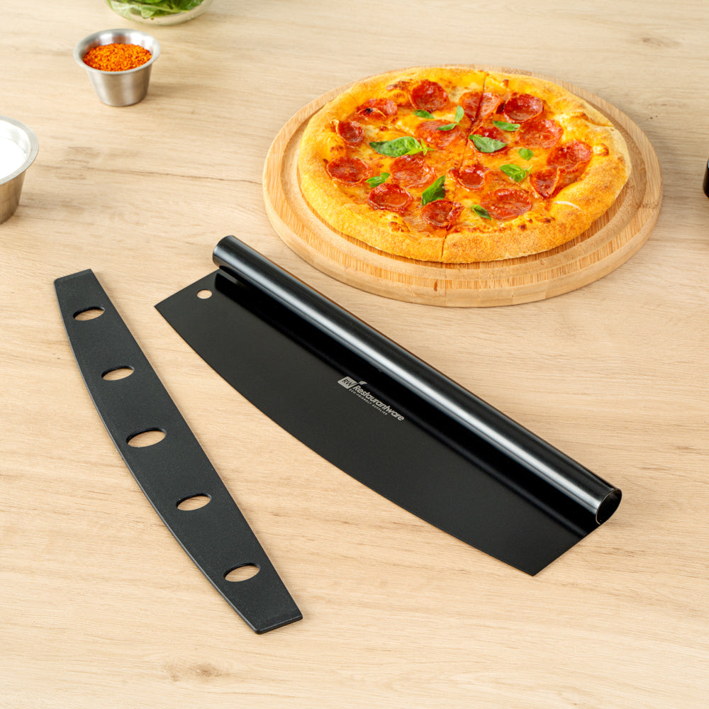 Met Lux Black Stainless Steel Pizza Cutter / Rocker - with Cover - 13 3/4" x 3 1/2" - 1 count box